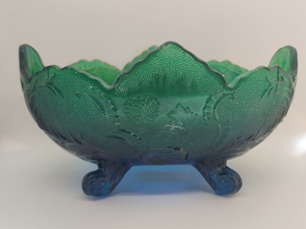 VTG Carnival Jeannette Glass Blue Green Ombre Lombardi Footed Bowl